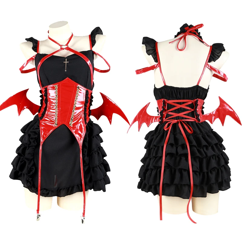 

Cute Devil Girl Bandage Dress with Wings Black Lolita Demon Cosplay Maid Unifrom Women Elves Magic Outfits Halloween Costumes