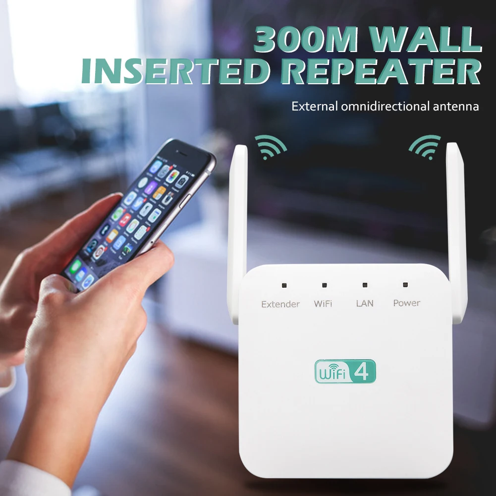 300Mbps Wifi Amplifier Repeater Signal Long Range 2.4GHz Router Wall Plug Wifi Booster Range Extender Mode 2 High Gain Antennas