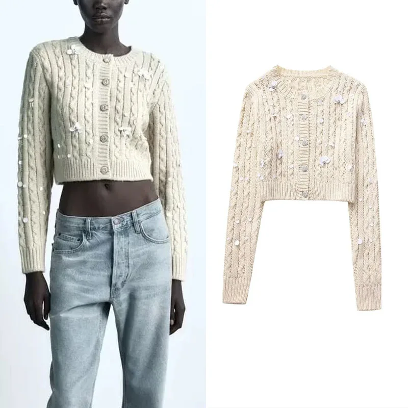 

Женский трикотажный кардиган с бусинами, с круглым вырезом и длинным рукавом