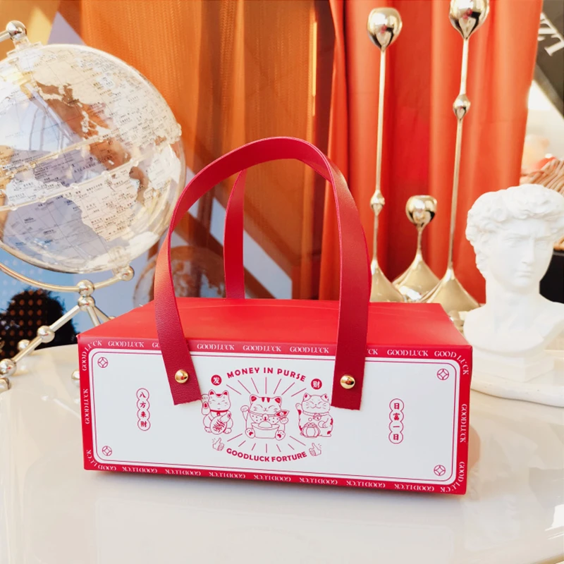 Baking Tea Box Red Leather Handle Box Wedding Birthday Gift Holiday Packaging Handbag