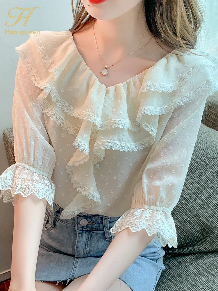 

H Han Queen 2023 New Women Blusas Vintage V-Neck Ruffles Chic Tops Flare Sleeve Casual Chiffon Blouse Female Work Office Shirts