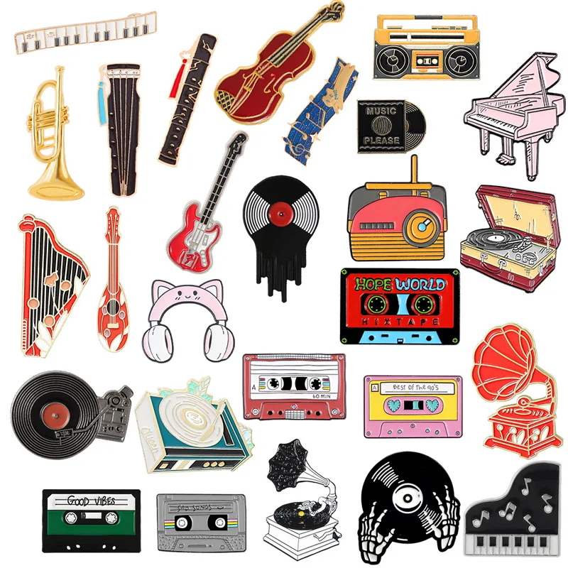 Musical Instrument Enamel Pins Custom Tape Record Piano Headphones Guitar Brooches Lapel Badges Jewelry Gift for Music Lovers