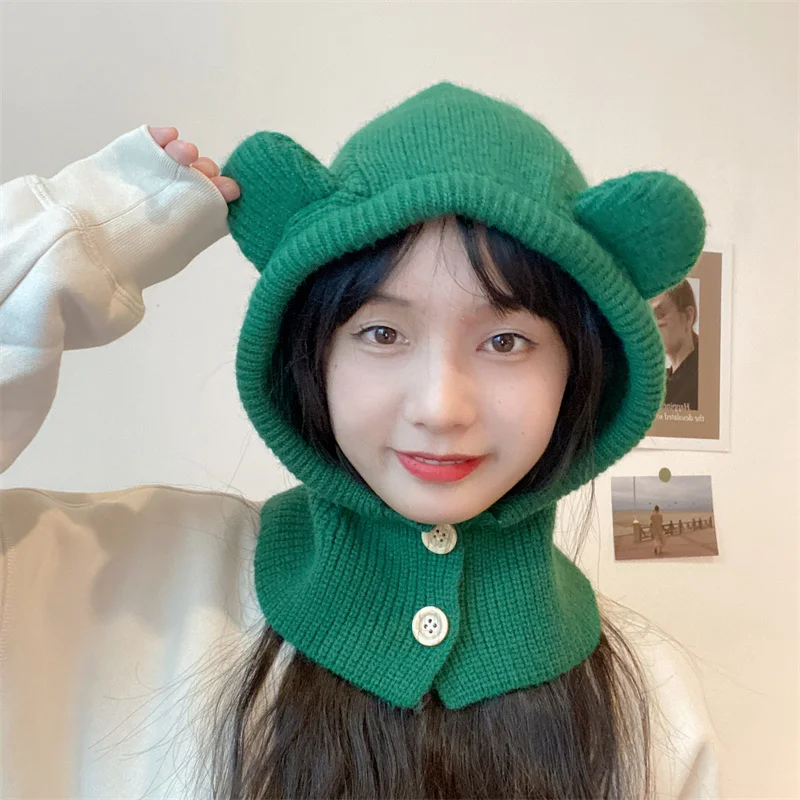 

New Korean Bear Ears Balaclava Hat Autumn and Winter Knitted Cap Fashion Warm Pullover Neck Protection Women's Hats for 2022