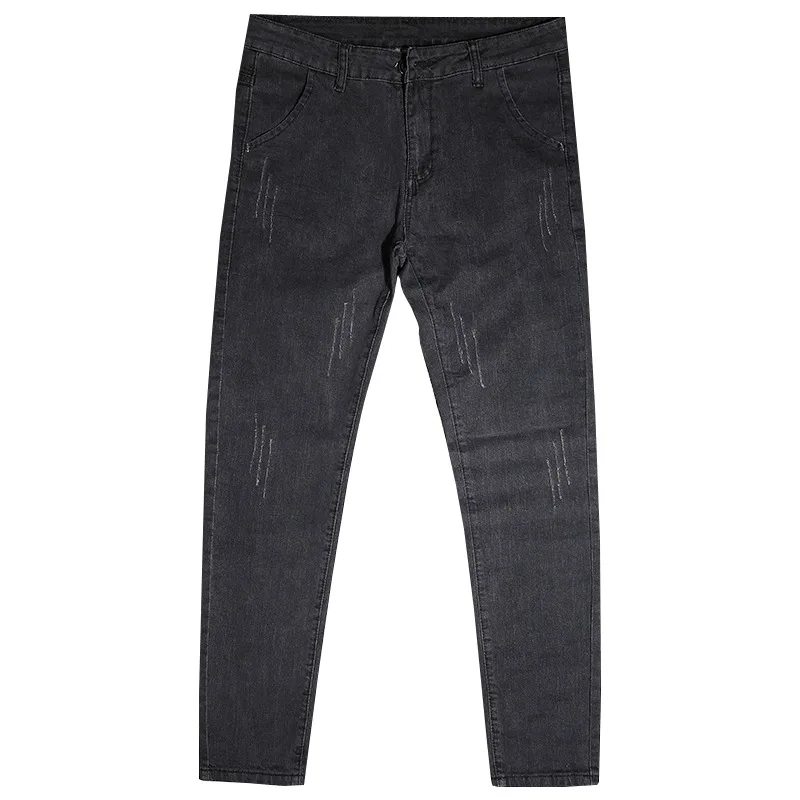 Summer Men Jeans Fashion Casual Dark Gray Pencil Pants Korean Style Streetwear Scratched Denim Trousers
