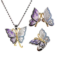 ajojewel french vintage purple butterfly jewelry sets for women enamel painting necklace retro insect ring blue zircon earrings