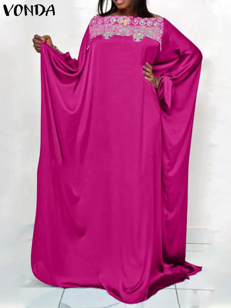 

VONDA 2023 женское богемное Платье с принтом, длинным рукавом, Макси Сарафан с круглым вырезом, атласный Повседневный свободный женский винтажный праздничный Халат