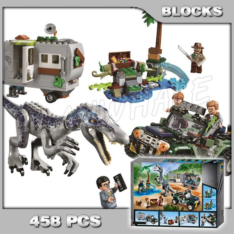 

458Pcs Jurassic World The Treasure Hunt Baryonyx Offroader 11335 Model Building Blocks Dinosaur Gifts Kid Compatible With