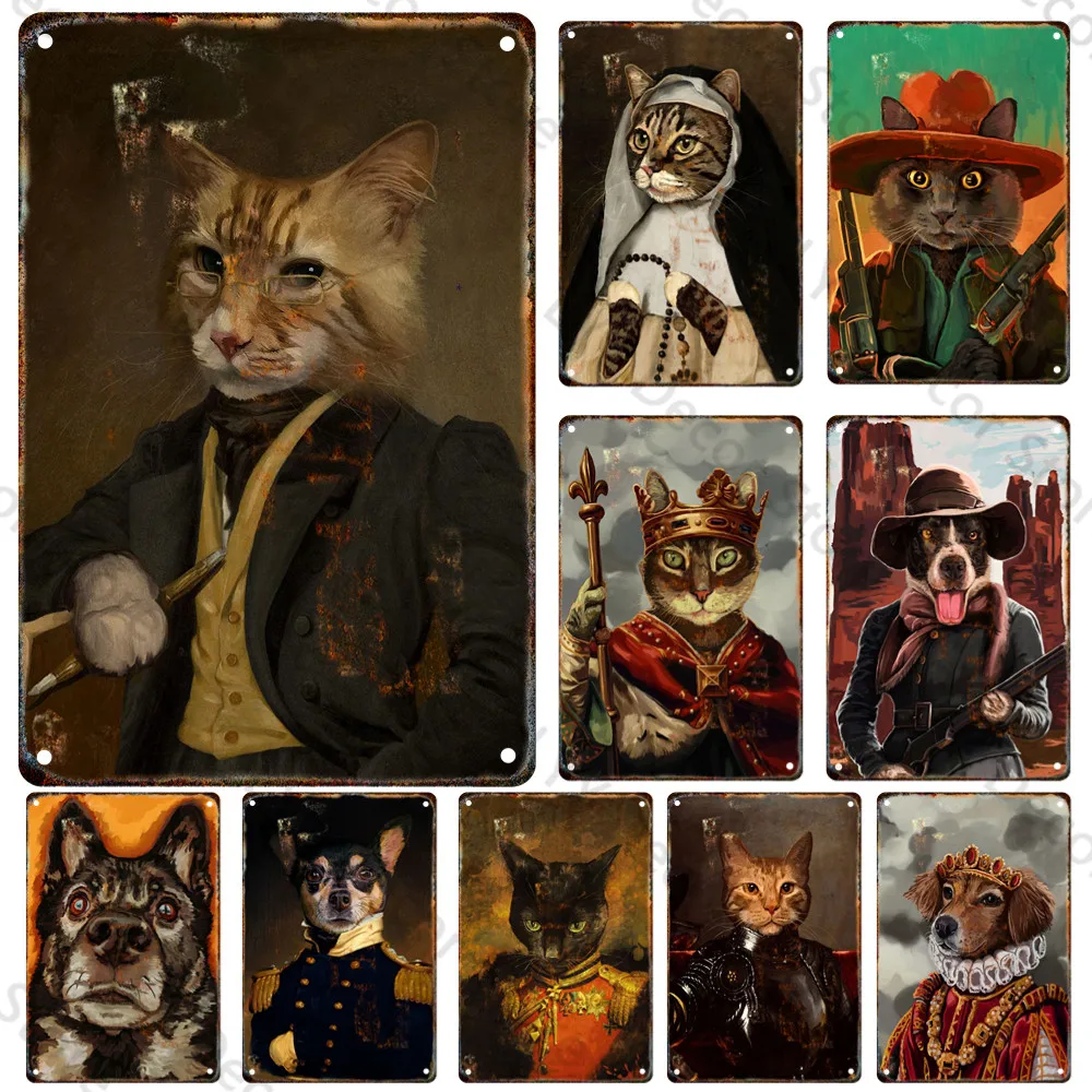 

Retro Nostalgia Gentleman Cat And Dog Animal Metal Tin Painting Poster Home Living Room Bar Club Decoration Wall Art Painting