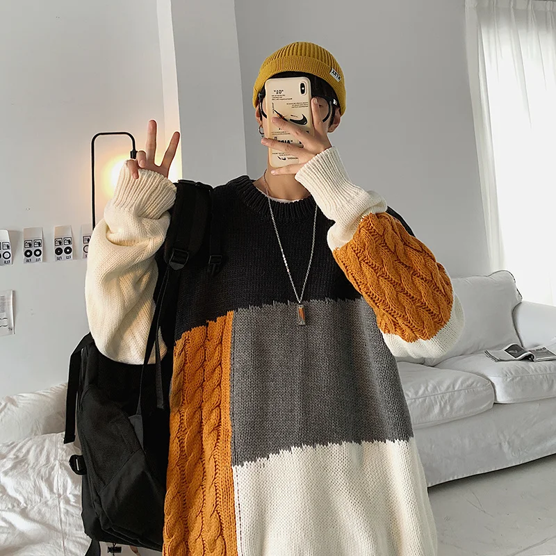 

Japanese lazy style stitching sweater spring, autumn and winter Korean fashion loose sweater ins personalized sweater