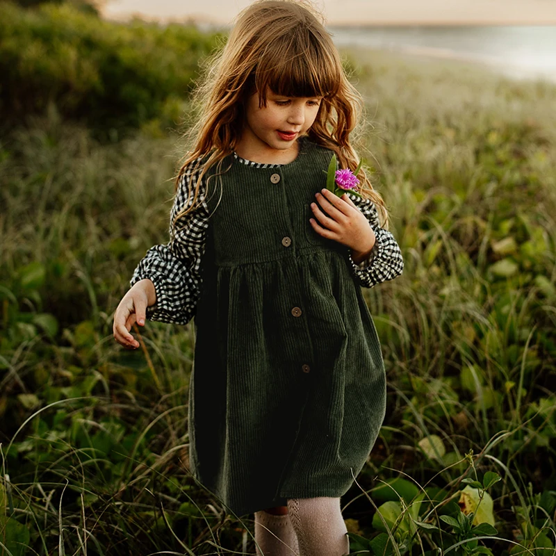 

Girls Button Up Corduroy Pinafore Dress Vintage Autumn New Children's Round Neck Casual Loose Sleeveless A-Line Dresses TZ355