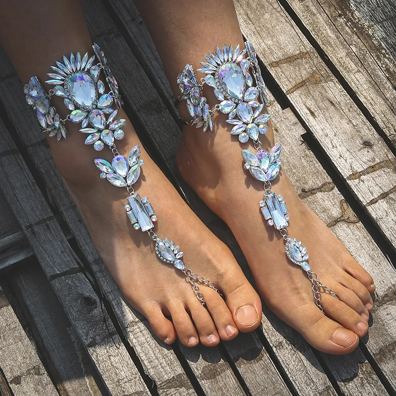 

MOGAKU 2pcs Bohemian Crystal Foot Barefoot Sandals Anklet Foot Bracelet Female Boho Zircon Anklet Chain Sexy Beach Body Jewelry