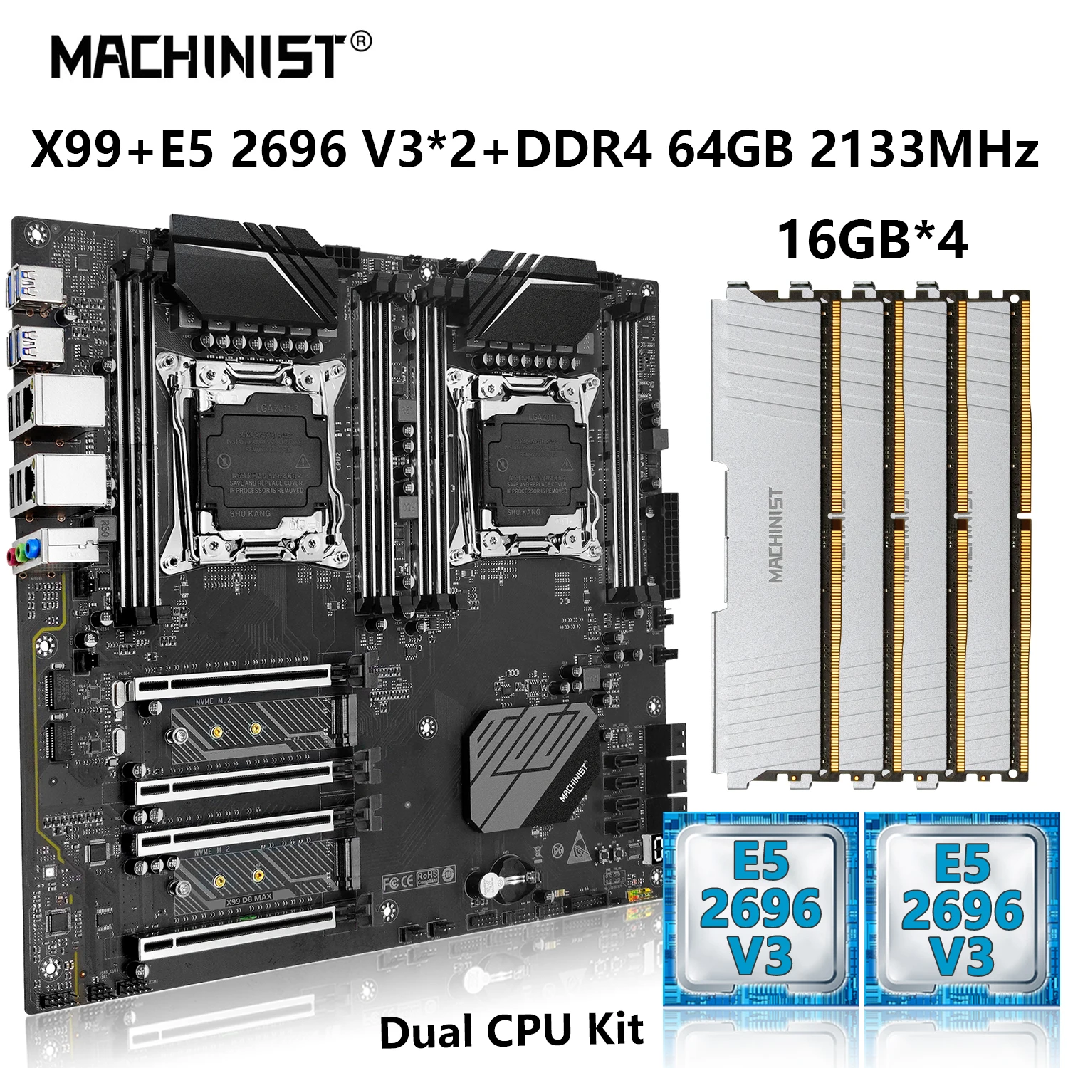 

Комбинированная материнская плата MACHINIST X99 LGA 2011-3, комплект для двух процессоров Xeon E5 2696 V3, процессор 64 ГБ = 16 Гб * 4 DDR4 ECC, память NEME M.2 D8 MAX
