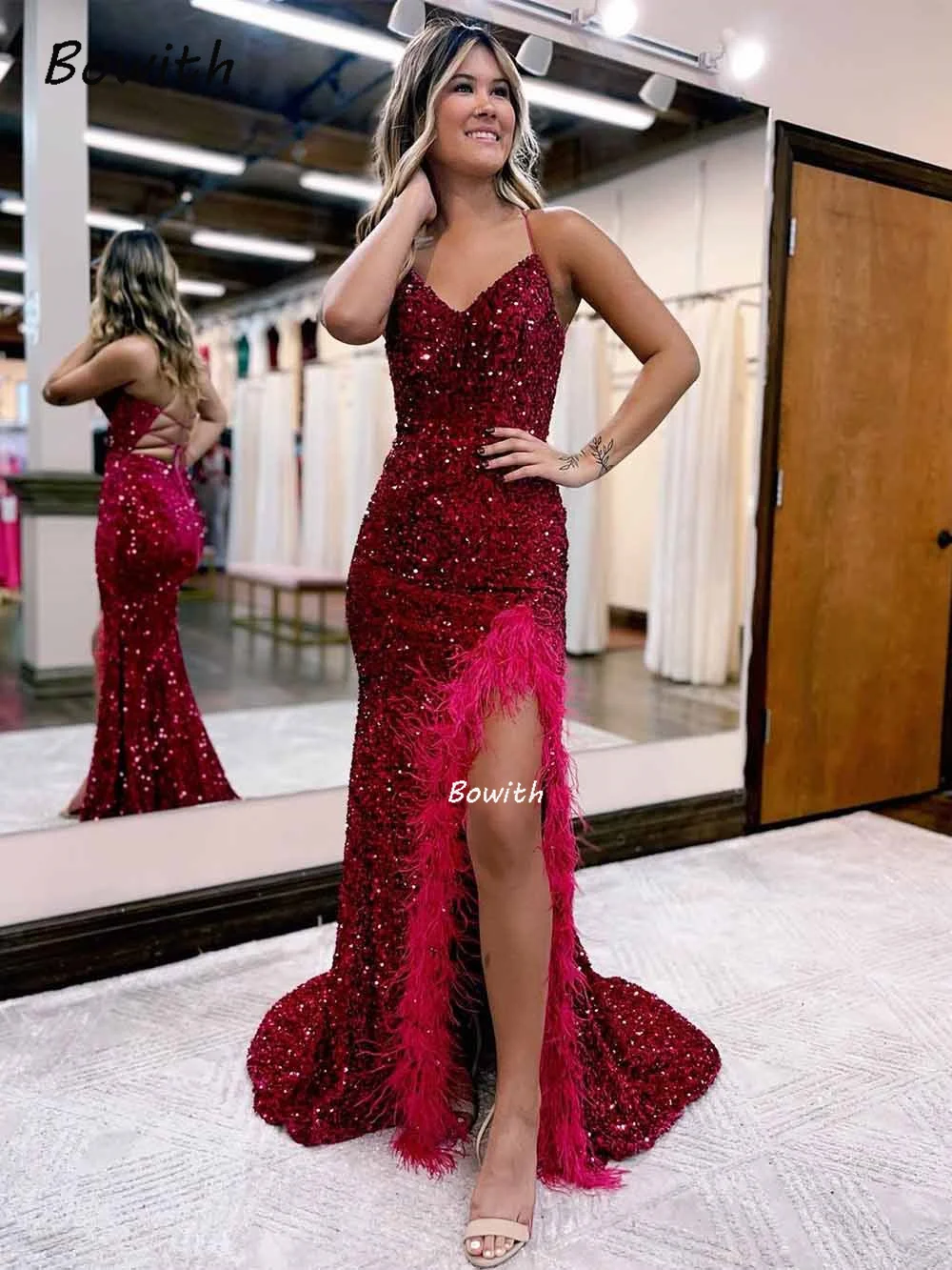 

Bowith Evening Party Dress with Feather Mermaid Sequin Evening Dresses Formal Prom Dresses Luxury Gowns Lace Up Robe de soiree