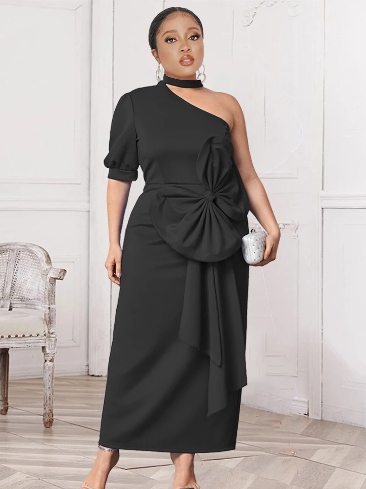 

One Shoulder Sexy Dresses Big Size 4XL Short Sleeve Midi Length Bodycon Women Eveing Birthday Party Robes with Bowtie 2022 New