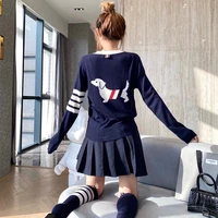 early autumn tb four bar back puppy pattern v neck ice silk long sleeved knitted cardigan female college style sweater coat
