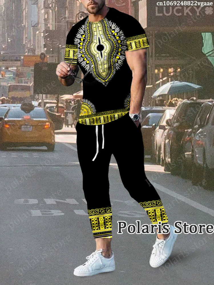 African Clothes For Men Dashiki T Shirt Trousers Traditional Wear Clothing Short Sleeve  Retro Streetwear Vintage Ethnic Style