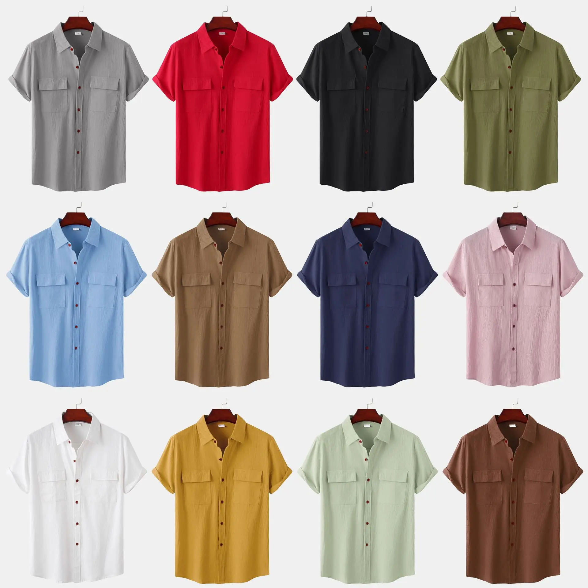 

Summer New Men's Linen Short-sleeved Shirt Men's Square Collar Casual Cotton and Linen Shirt Linen Solid Color Half-sleeve Top