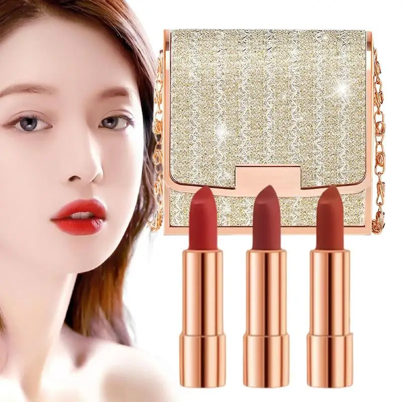 Набор матовых помад 3 цвета нюдовая помада набор для макияжа с сумкой-цепочкой