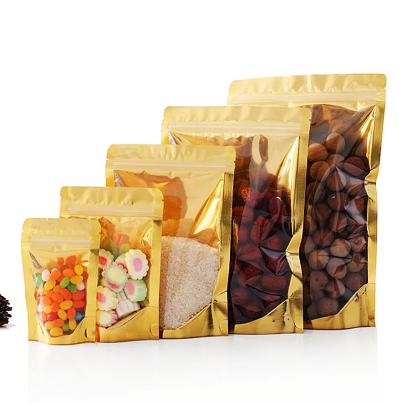 

100PCS Stand Up Clear Front Golden Foil Ziplock Packaging Bag Resealable Snack Sugar Spice Cereals Tea Nuts Storage Pouches