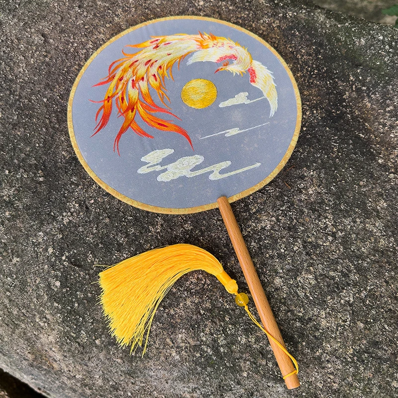 Веер с золотым Фениксом двусторонний круглый веер вышивкой Китайский дворец