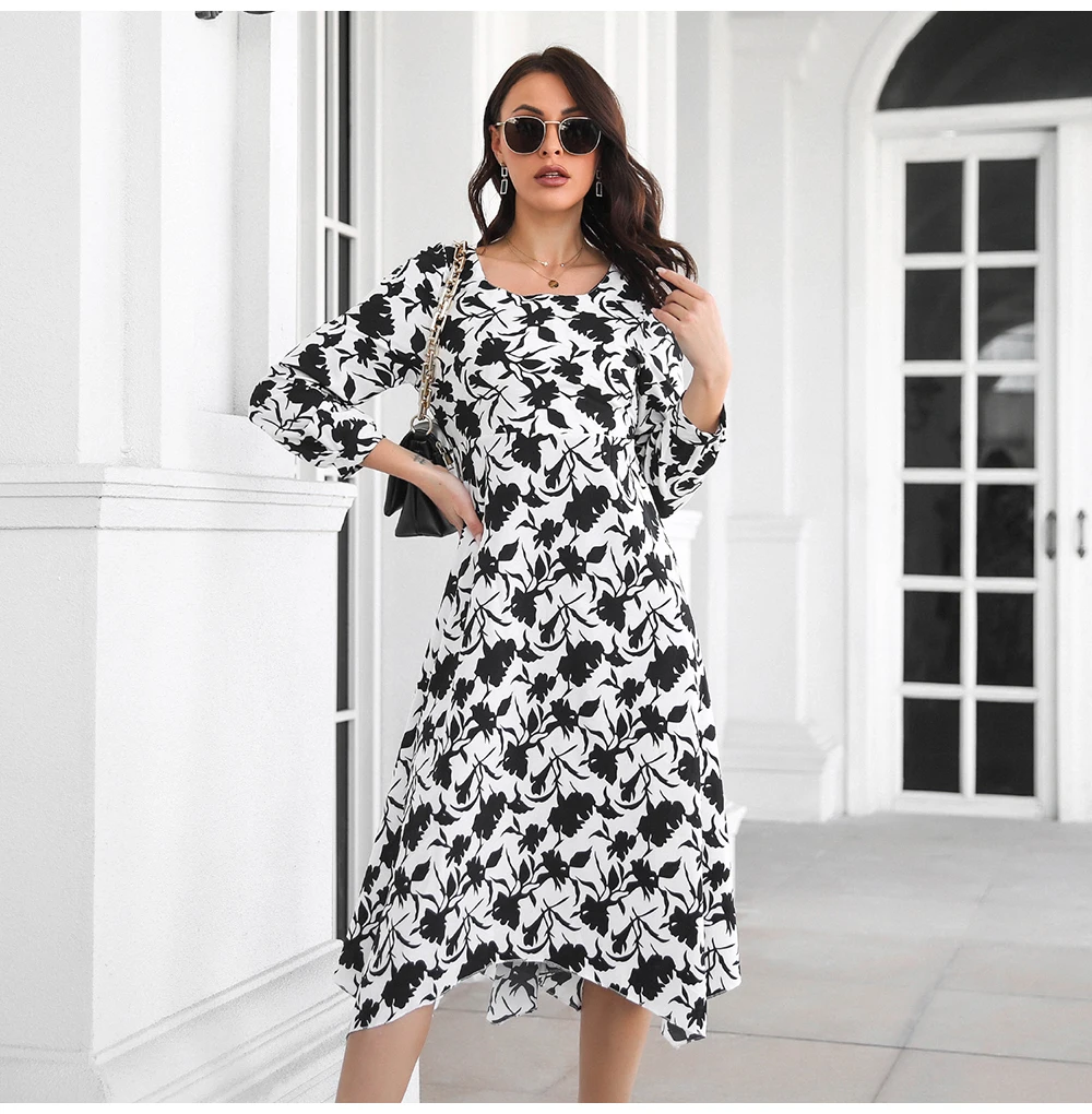

Autumn and Winter 2022 Fashion Flower Print Square Neck Elegant Dress Casual Long Sleeve Midi Dress Women