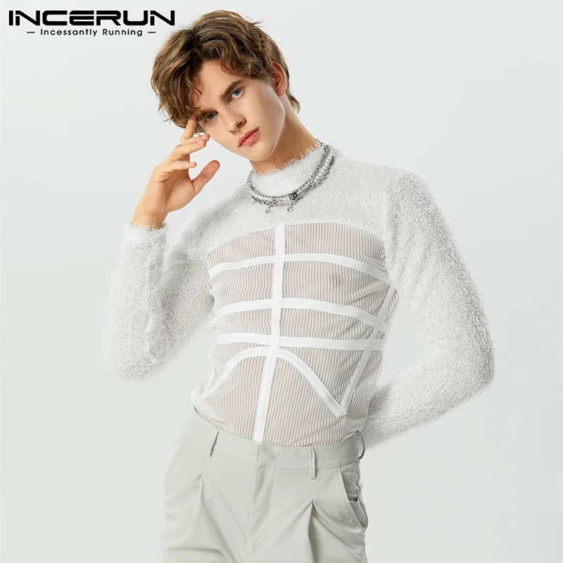 

INCERUN Tops 2023 American Style Fashion Men Wool-like Fabric Splicing T-shirt Sexy See-through Mesh Long Sleeved Camiseta S-5XL