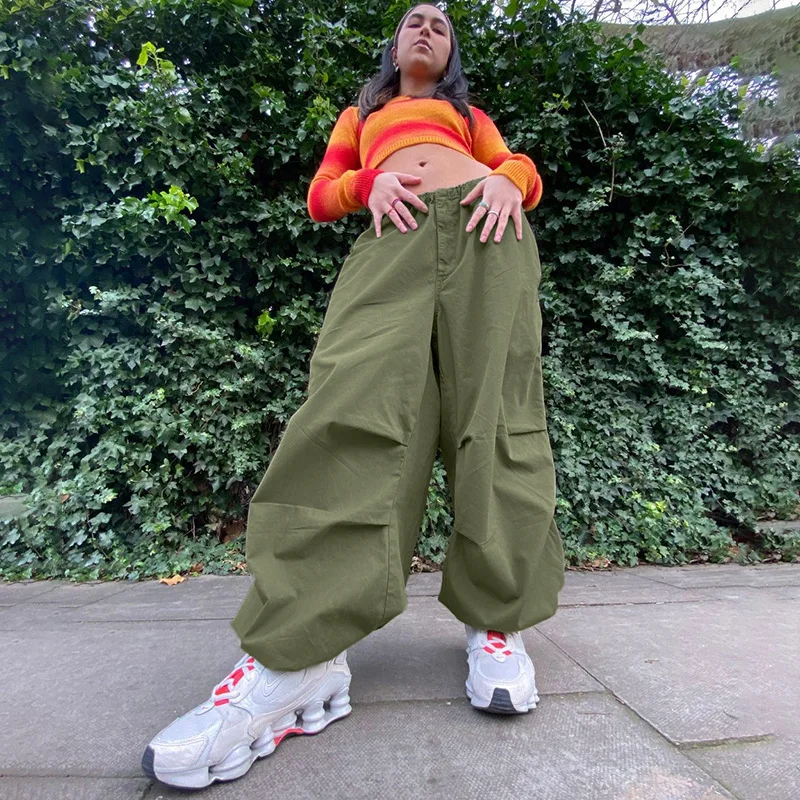 

American street vintage solid color drawstring overalls women new low waist hot girl loose wide leg pants y2k punk jogging pants