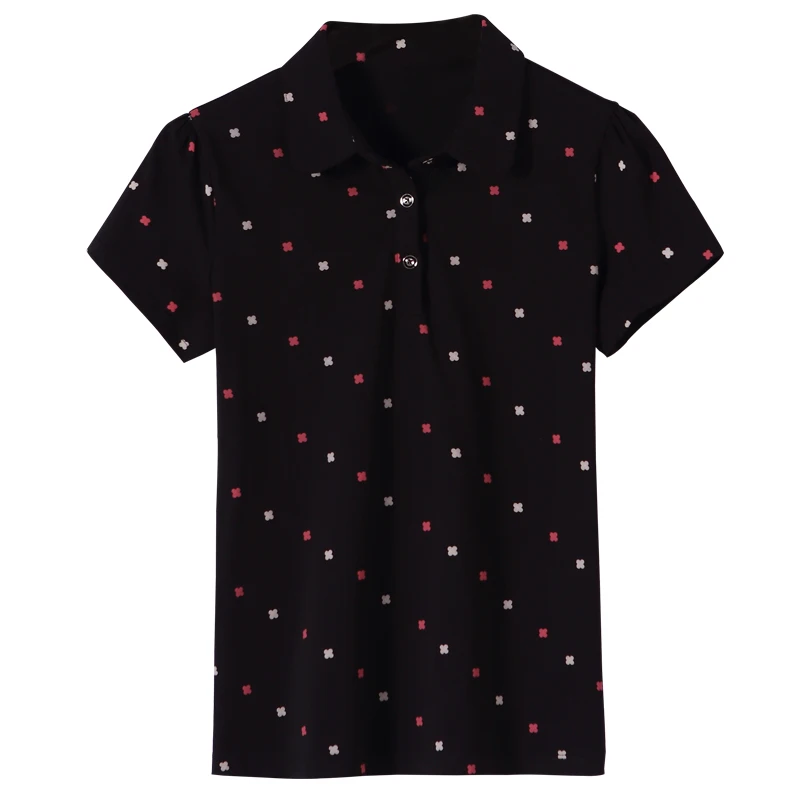 

2022 Summer New Short-sleeved Slim Women's Lapel Printed Wild Polo Shirt Casual Cotton Large Size Shirt