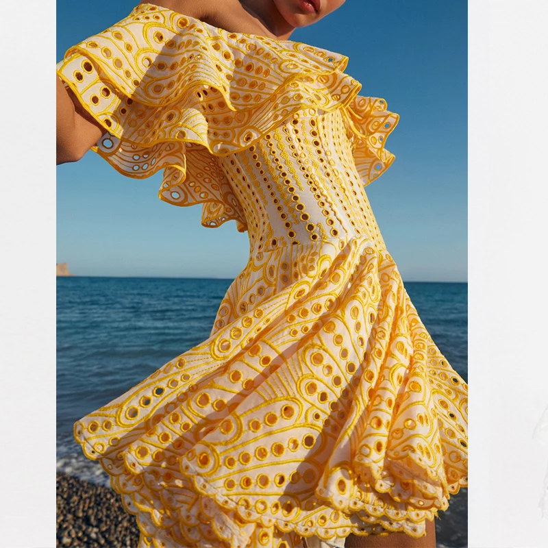 

Женское ажурное платье с рюшами, элегантное винтажное платье с вышивкой и вырезом лодочкой, уличная одежда, лето 2023