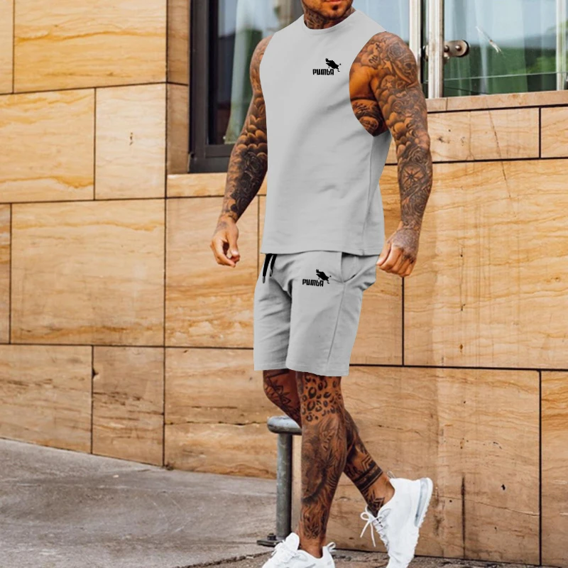 Summer Cool Quick-Drying Clothes Fashion Casual Sleeveless Vest + Sports Fitness Shorts Two-Piece Set