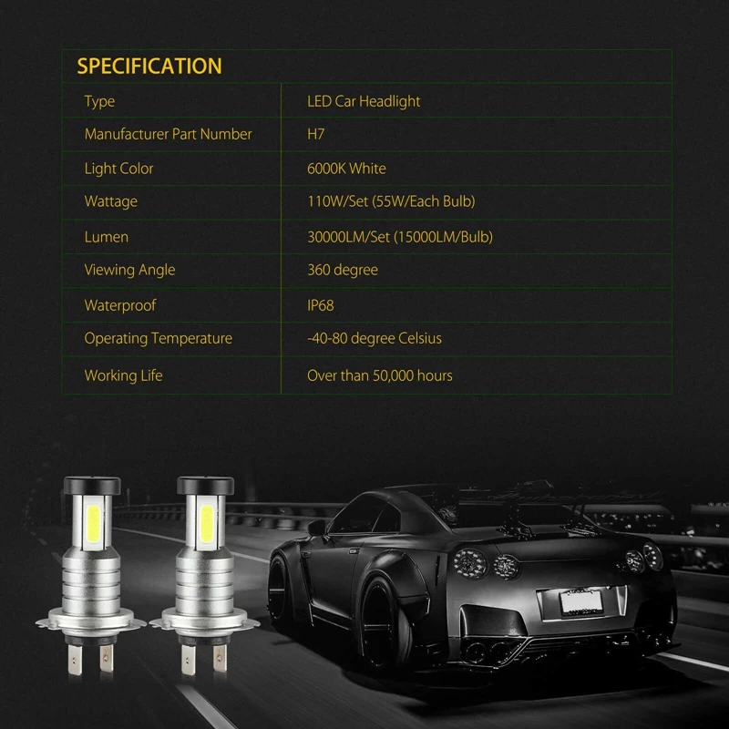 2 шт. лампы для фар ближнего и дальнего света 100 Вт 6000 лм