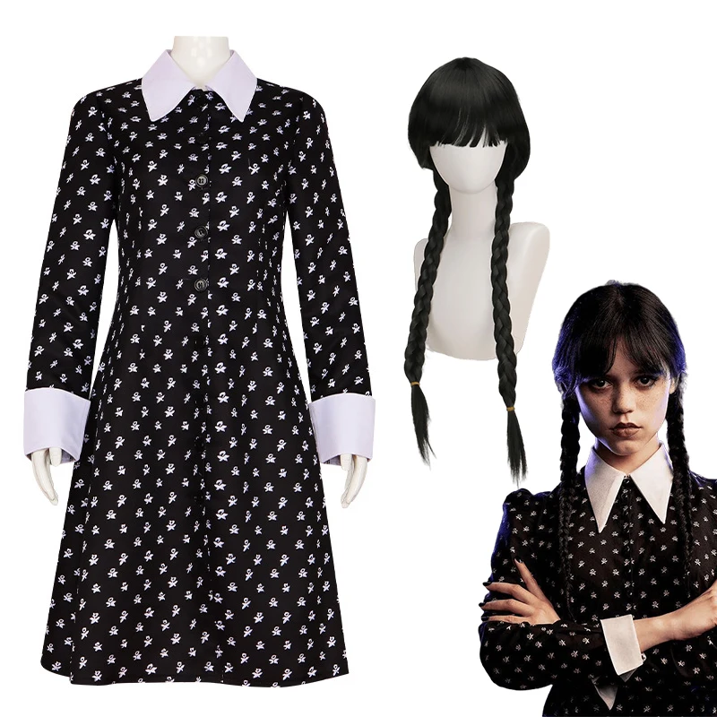 

Movie Wednesday Addams Cosplay Dress for Girl Kids Wednesday Cosplay Costume Women Dresses Clothes Wig Suit Halloween Costumes
