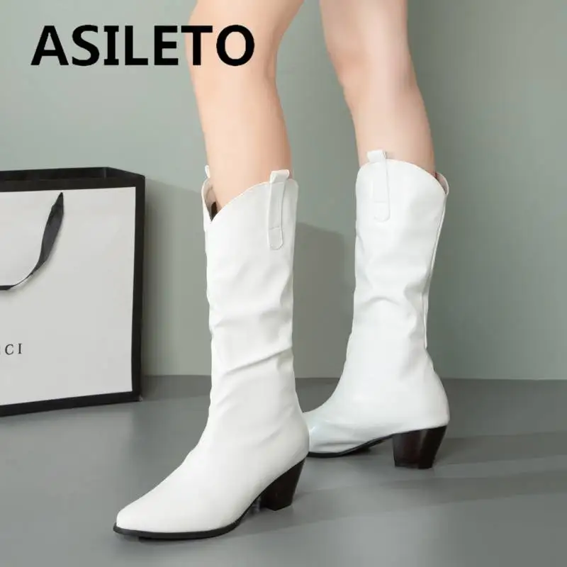

ASILETO Western Boots Ladies 27cm Shaft Pointed Toe Slip-on Chunky Heels 5cm Pleated Big Size 34-47 Winter Autumn Shoes S4247