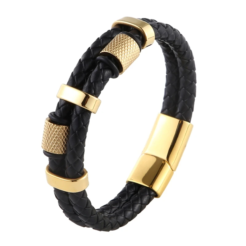 Мужской модный кожаный браслет неправильной формы с узором из нержавеющей стали
