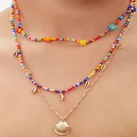 rainbow bead necklace creative flower multilayer necklace metal shell pendant