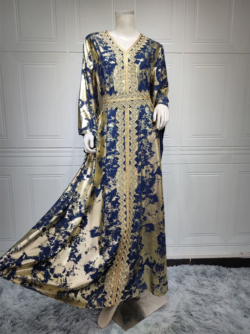 Ramadan Kaftan Moroccan Caftan Woman Bat Sleeve Paint Splash Print Chiffon V-Neck Lace Tape Belted Dress Abayas Gowns Dubai