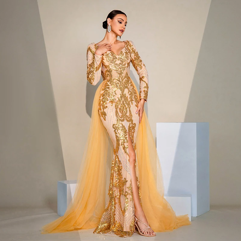 Роскошное вечернее платье Vestido De Festa женское с длинным рукавом и v-образным