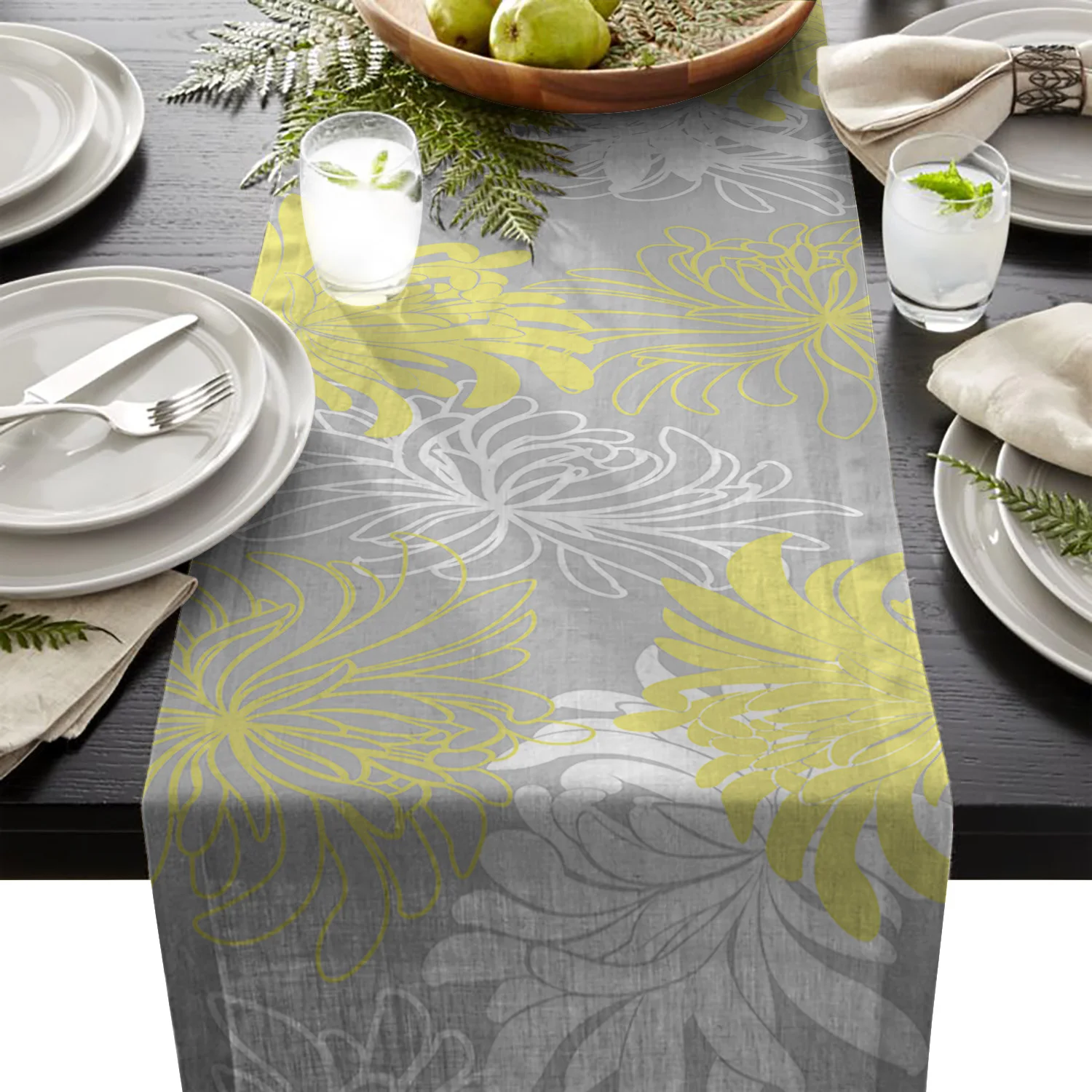 

Dahlia Yellow White Gray Flower Table Runner Table Flag Home Party Decorative Tablecloth Table Runners