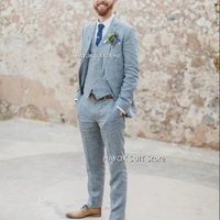 mens suit 3 piece linen wedding groomsmen dress business formal party prom tuxedo custom vest pants blazer set