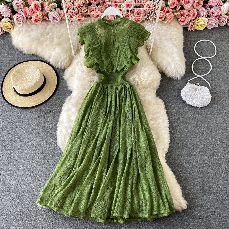 

Olive Green Lace Round Neck Dress Long Sleeve Elegant Fluffy Birthday Dress for Women Maxi Dresses for Women Clothes Black