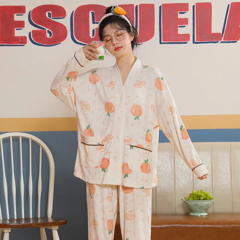 

Warm Autumn Winter Women Pajamas Set Long-sleeved Sexy V-neck Kimono Pyjamas Cotton Homewear Sweet Orange Printed Girl Sleepwear