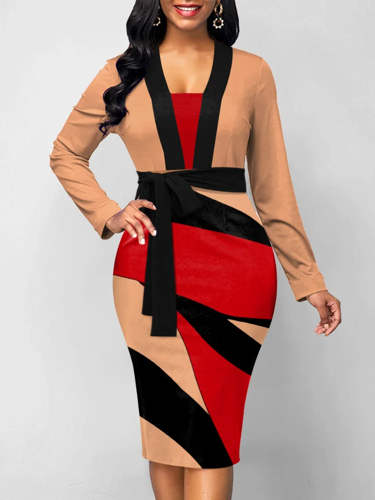 

Fashionable Color Matching Printed Long Sleeved Women's Dress