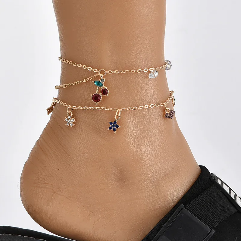 Creative Retro Cherry Heart Pendant Anklet for Women Beach accessories