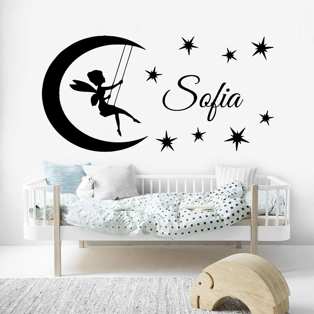 

Custom Name Wall Stickers Fairy Angel Stars Decals Personalized Nursery Babys Girls Name Vinyl Kids Bedroom Decor Murals DW14149