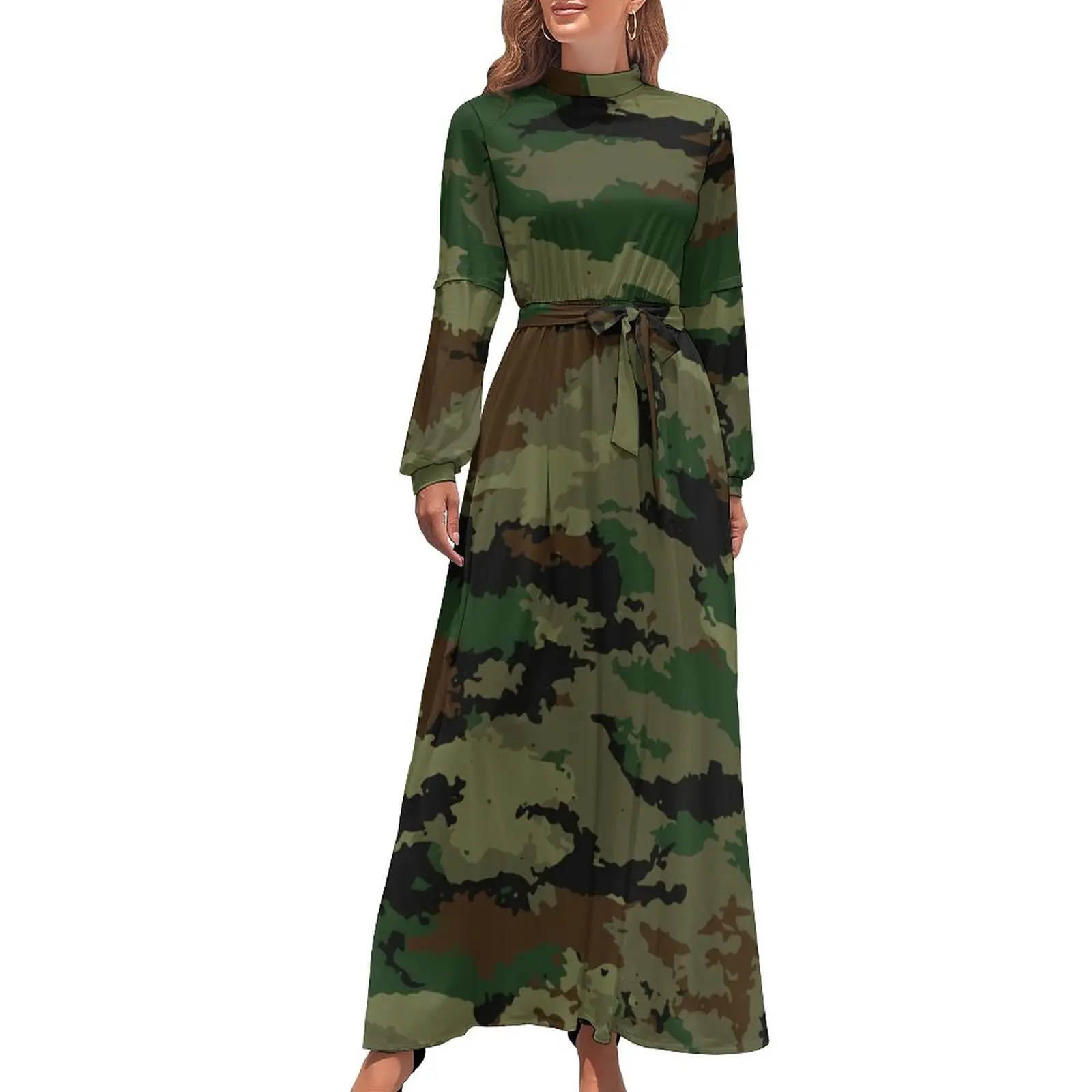 

Black And Green Camo Dress Long Sleeve Woodland Pattern Camouflage Modern Maxi Dress Spring Street Style Boho Beach Long Dresses