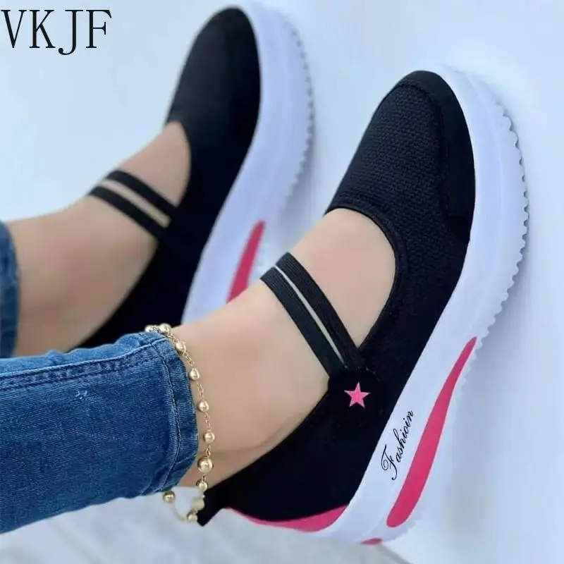 

2022 Summer New Vulcanized Shoes Ladies Canvas Textile Solid Color Low Top Black Wedge Heel Round Toe Shoes Women Sneakers