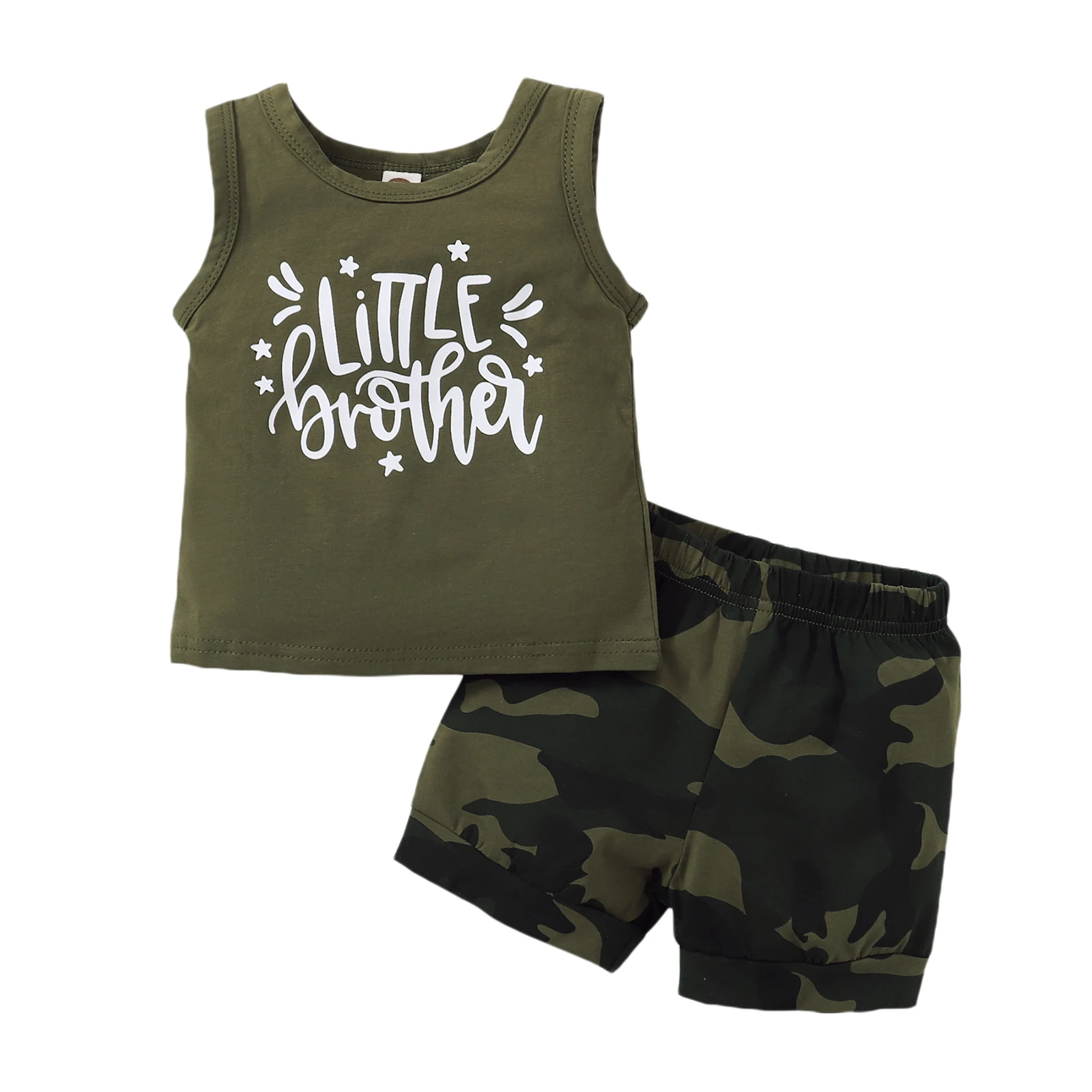 

2Pc Baby Boys Outfit Toddler Summer Little Brother Print Round Collar Sleeveless Tops Elastic Waist Camouflage Shorts Casual Set