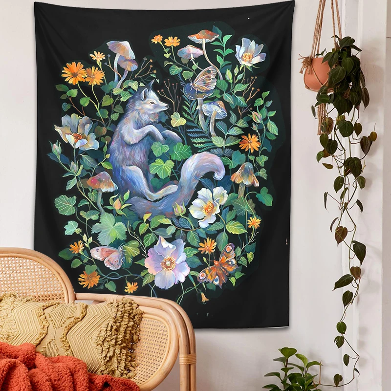 

Botanical Floral Garden Tapestry Wall Hanging White Fox Wildflower Hippie Bohemian Tapestries Mushroom Psychedelic Home Decor