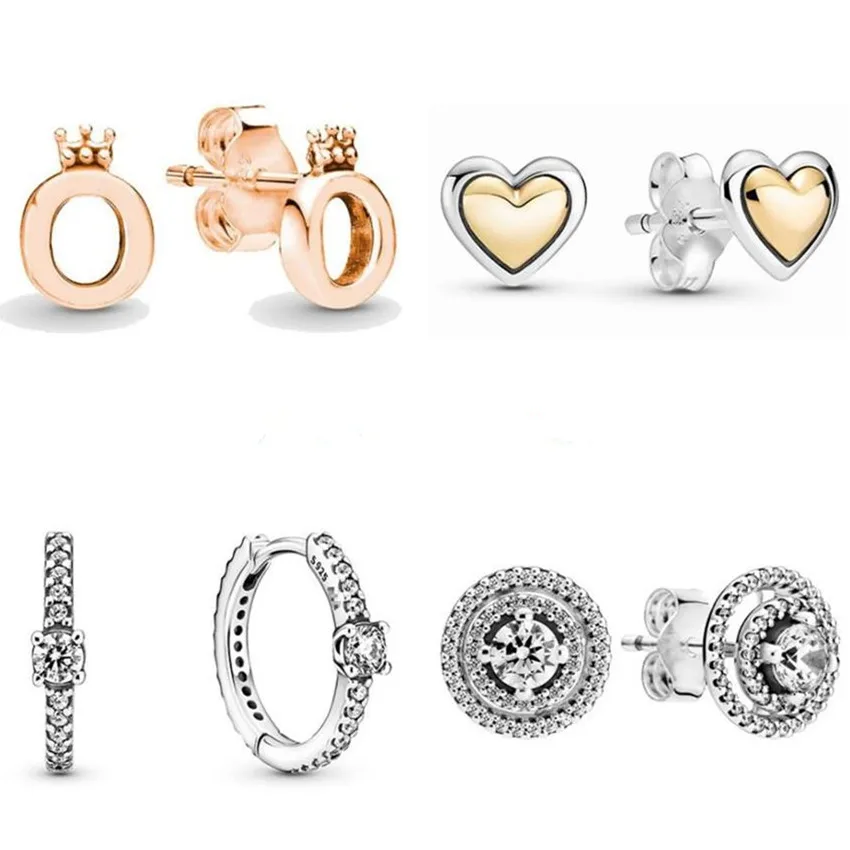 

Authentic 925 Sterling Silver Earring Two Tone Domed Golden Heart Stud Earrings For Women Wedding Gift Fashion Jewelry