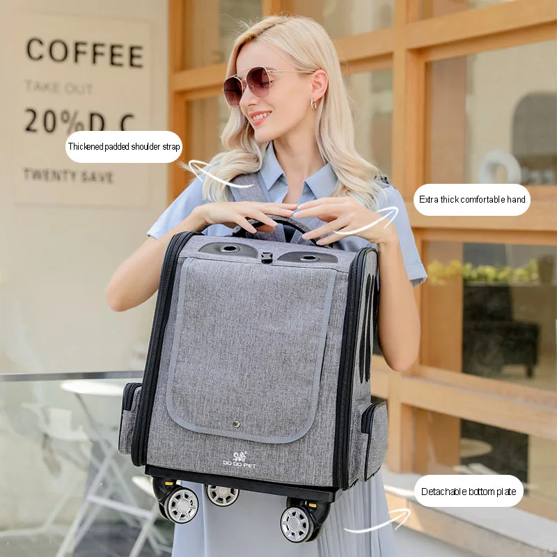 Переносной чемодан для домашних животных с четырьмя отдельными колесами для кошек, из полиэстерового волокна, с вентиляцией, рюкзак для перевозки, чемодан для снаряжения.